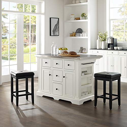 Crosley Furniture Julia Kitchen Island With Stainless Steel Top And Square Seat Stools White Black Crosley Furniture Julia Kitchen Island, Crosley Furniture Rolling Kitchen Island With Stainless Steel Top White