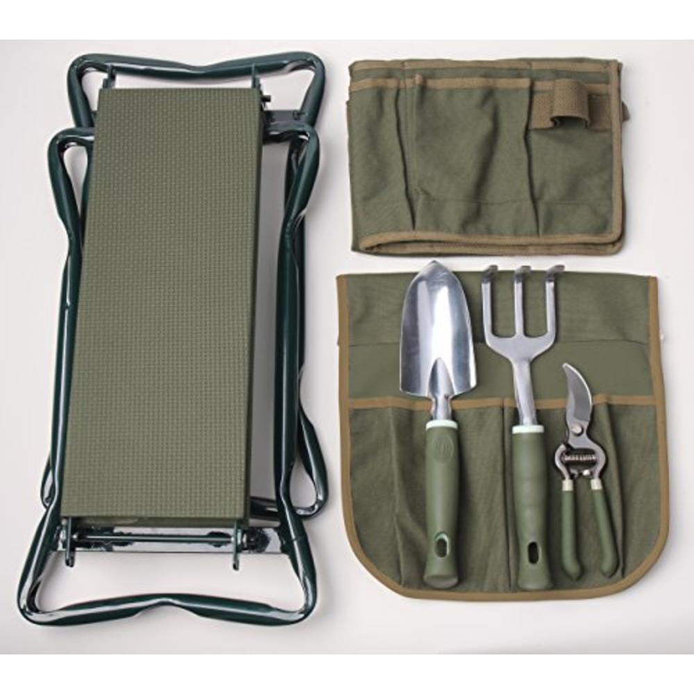 Apollo Precision Tools APOLLO TOOLS Foldable Garden Seat with Adjustable Kneeler Position. Includes Washable Green Apron with Deep Pockets and 3 Qualit