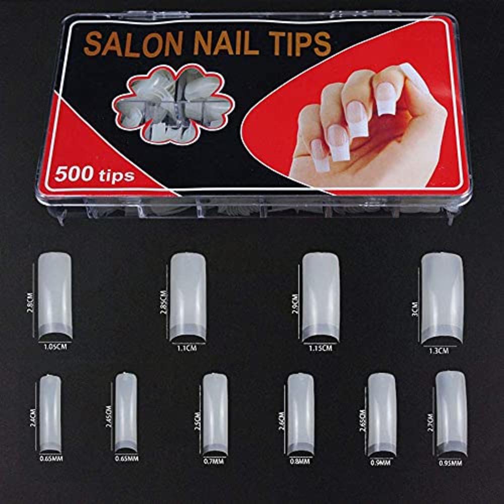 FingerAngel 500pcs Nail Tips Long Shape Natural Color Nail Art Tips 10 Size with Clear Plastic Box (B)