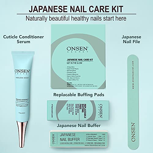 Onsen Secret Onsen Japanese Nail Buffer and Shine Kit - Professional Nail File, 3-Way Nail Buffer Block with Free Replacement Pads and Nail S