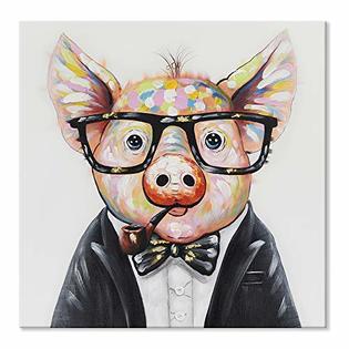 SEVEN WALL ARTS - Hand Painted Cute Smart Pig with Pop Art Colorful Animal Piggy Canvas