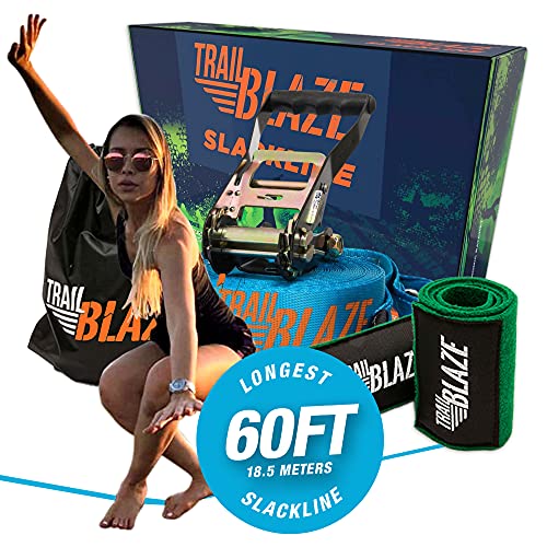 Trailblaze - 60 Feet Slackline, Kids to Adults Slackline Kit, Beginners Slackline Set with Ratchet Cover, Tree Protector, Carry