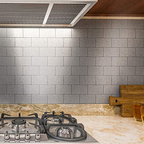 Art3d 100-Pieces Peel and Stick Tile Kitchen Backsplash Metal Wall Tiles, Brushed Aluminium Subway