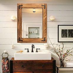 YOSHOOT Rustic Wooden Framed Wall Mirror, Natural Wood Bathroom Vanity Mirror for Farmhouse Decor, Vertical or Horizontal Hangin