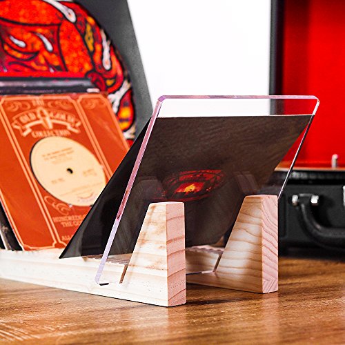 KAIU Vinyl Record Storage Holder - Stacks up to 50 Albums, 7 or 12 inch LPs - Solid Wood Organizer with Clear Acrylic Ends - Dis