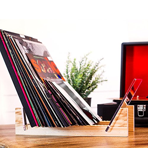 KAIU Vinyl Record Storage Holder - Stacks up to 50 Albums, 7 or 12 inch LPs - Solid Wood Organizer with Clear Acrylic Ends - Dis