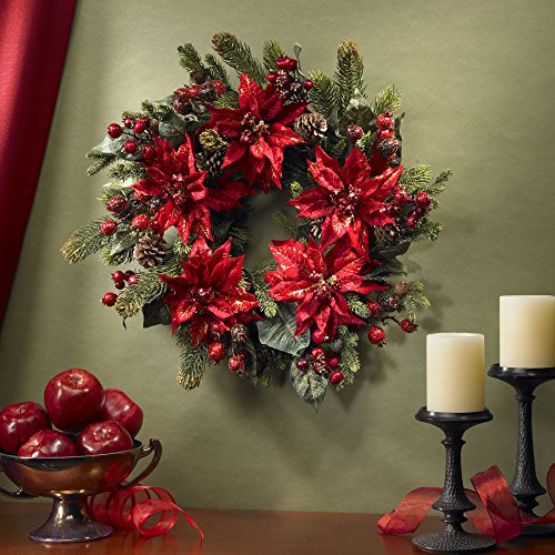 Nearly Natural 24in. Poinsettia & Berry Wreath, Red