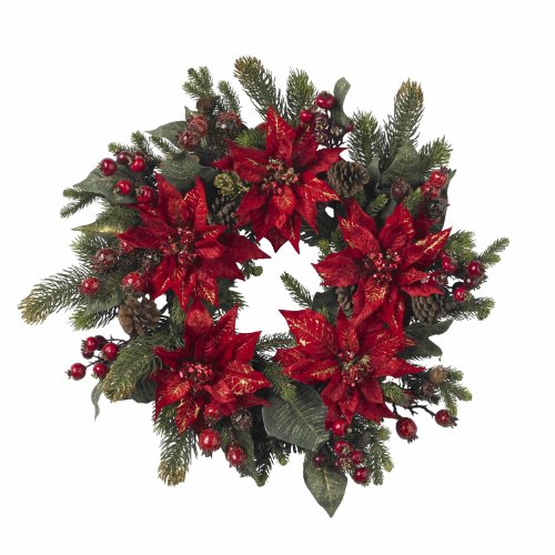 Nearly Natural 24in. Poinsettia & Berry Wreath, Red