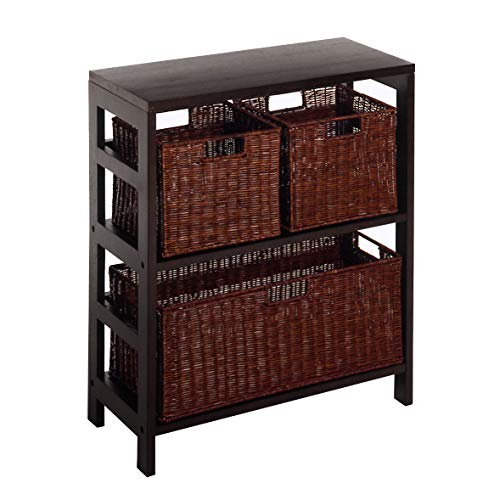 Winsome Wood Leo Wood 3 Tier Shelf with 3 Rattan Baskets - 1 large; 2 small in Espresso Finish