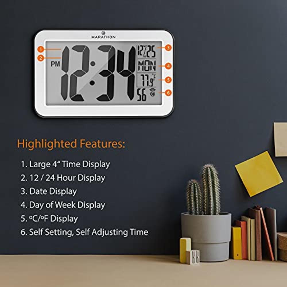 American Science & S MARATHON Commercial Grade Panoramic Autoset Atomic Digital Wall Clock with Table or Desk Stand, Date, and Temperature, 8 Time Zo