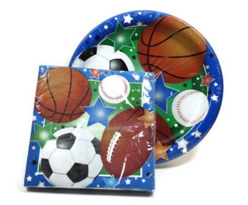 Party Inc Sports Themed Party Supply Pack - Plates and Napkins - Baseball, Football, Soccer, Basketball