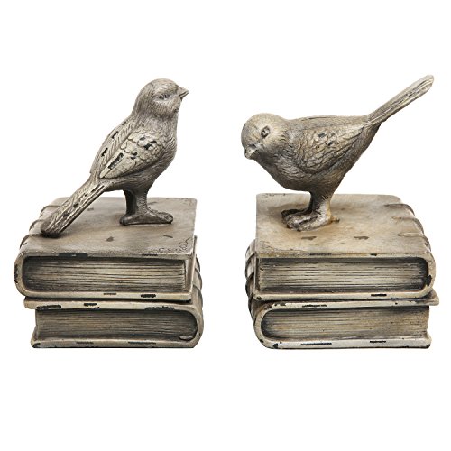 MyGift Decorative Birds & Books Design Vintage Gray & White Resin Bookshelf Bookends/Paper Weights, 1 Pair