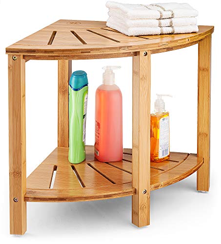 Bambsi Corner Bench with Storage Shelf - Bamboo Wood Spa Stool Bench for Bathroom Organization - Perfect for Indoor or Outdoor