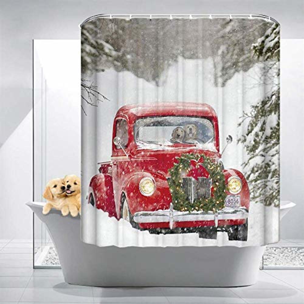 Hdem Christmas Shower Curtain Set for Bathroom- Xmas Red Truck Dog Couple Wreath Tree Snowflake Snowfield, Winter Holiday Polyester F