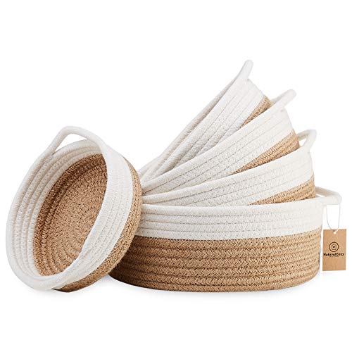 NaturalCozy 5-Piece Round Small Woven Baskets Set - 100% Natural Cotton Rope Baskets! Key Tray, Kids Montessori Toys, Bowl for E
