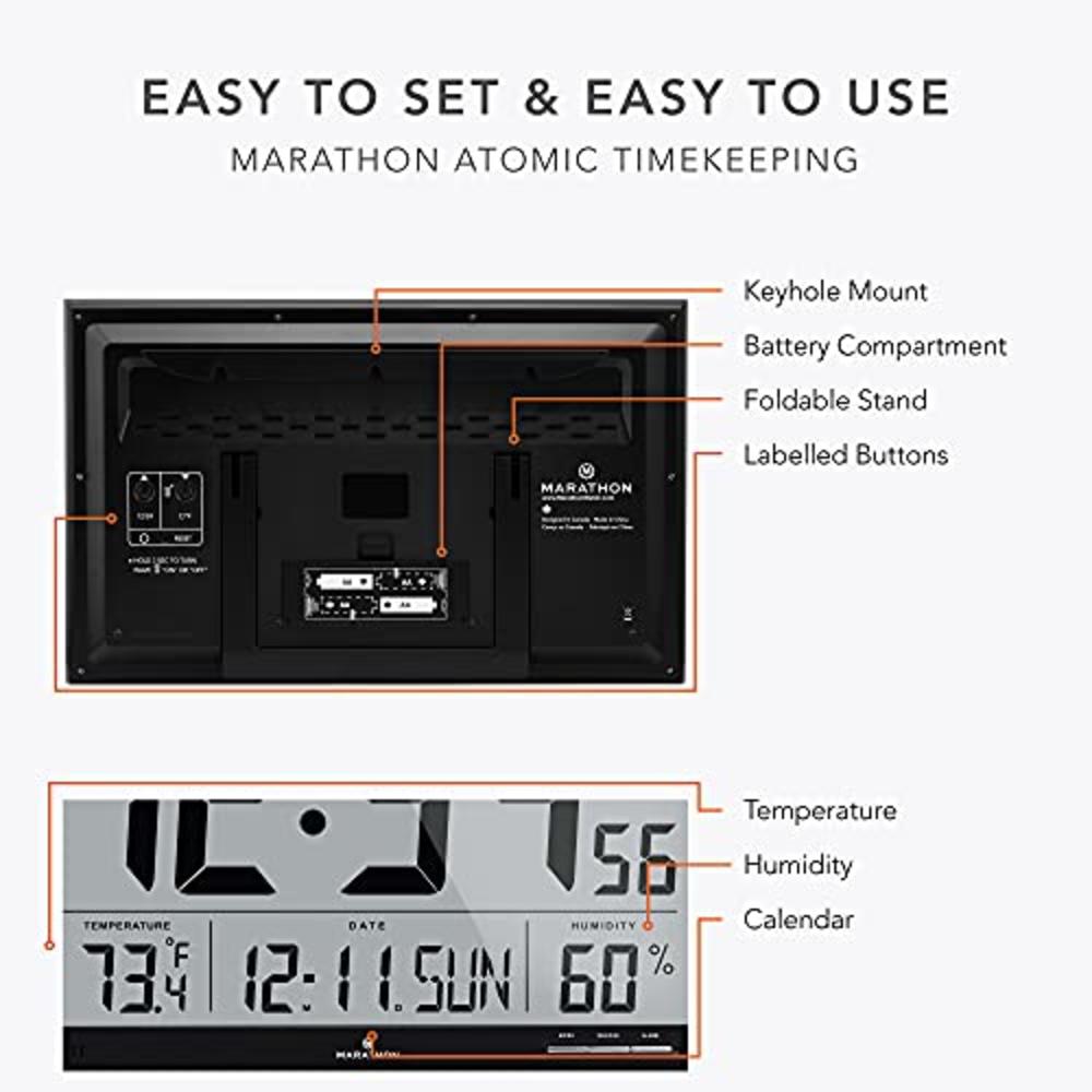 MARATHON CL030062BK Slim-Jumbo Atomic Digital Wall Clock with Temperature, Date and Humidity (Black)