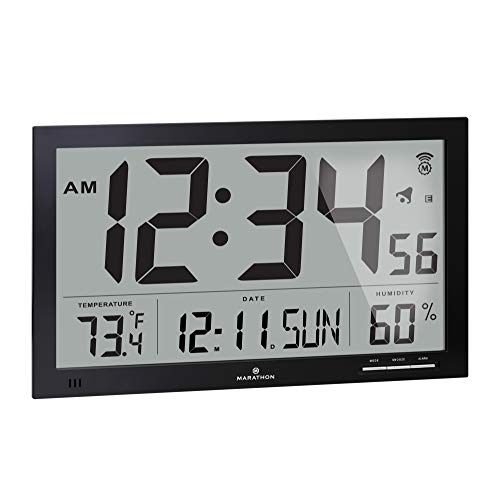 MARATHON CL030062BK Slim-Jumbo Atomic Digital Wall Clock with Temperature, Date and Humidity (Black)