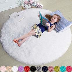 Amdrebio White Round Rug for Bedroom,Fluffy Circle Rug 4X4 for Kids Room,Furry Carpet for Teens Room,Shaggy Circular Rug for Nursery Room