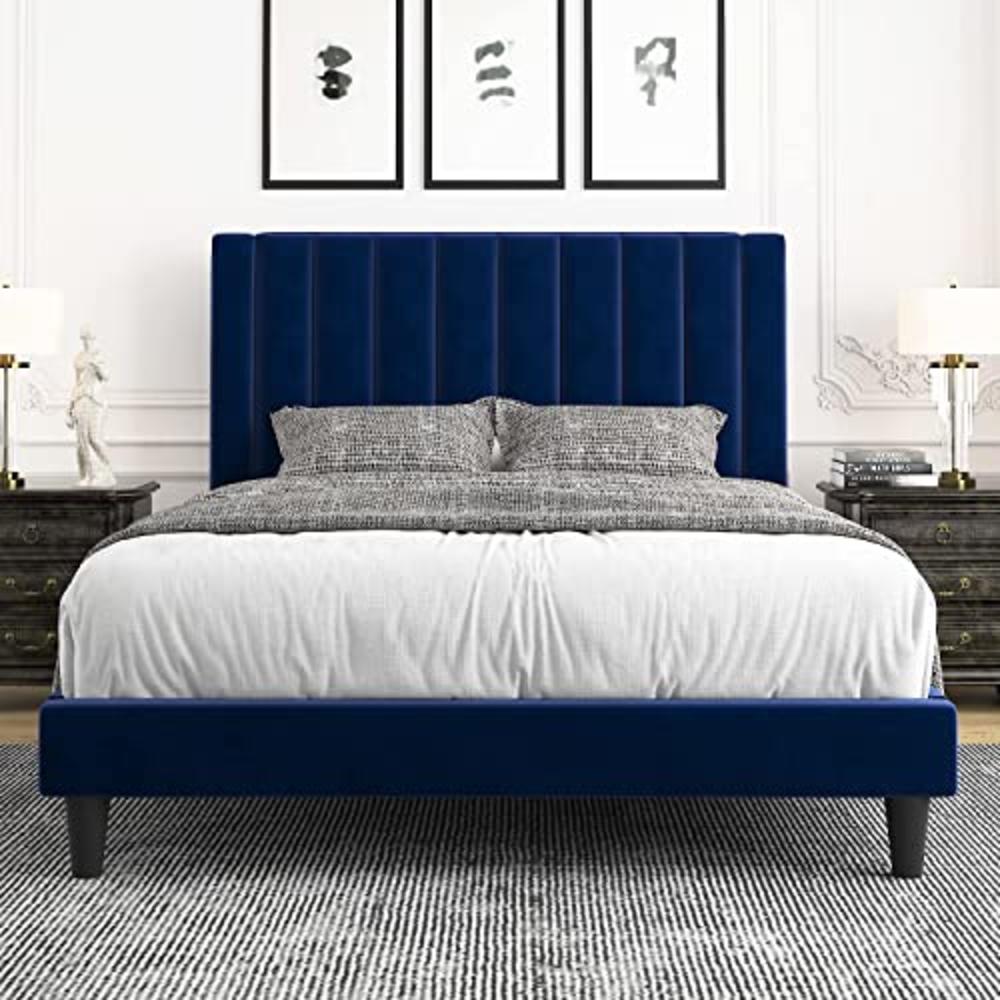 Allewie Queen Bed Frame/Velvet Upholstered Bed Frame with Vertical Channel Tufted Headboard/Strong Wooden Slats/Platform Bed Fra