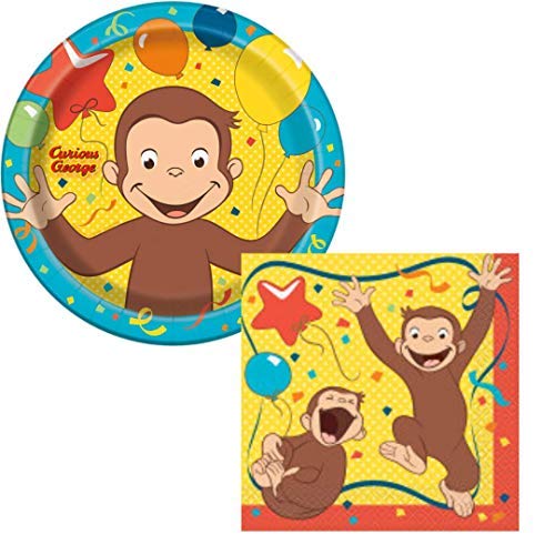 Unique Curious George Birthday Party Supplies Set Large Plates & Napkins Tableware Kit for 16