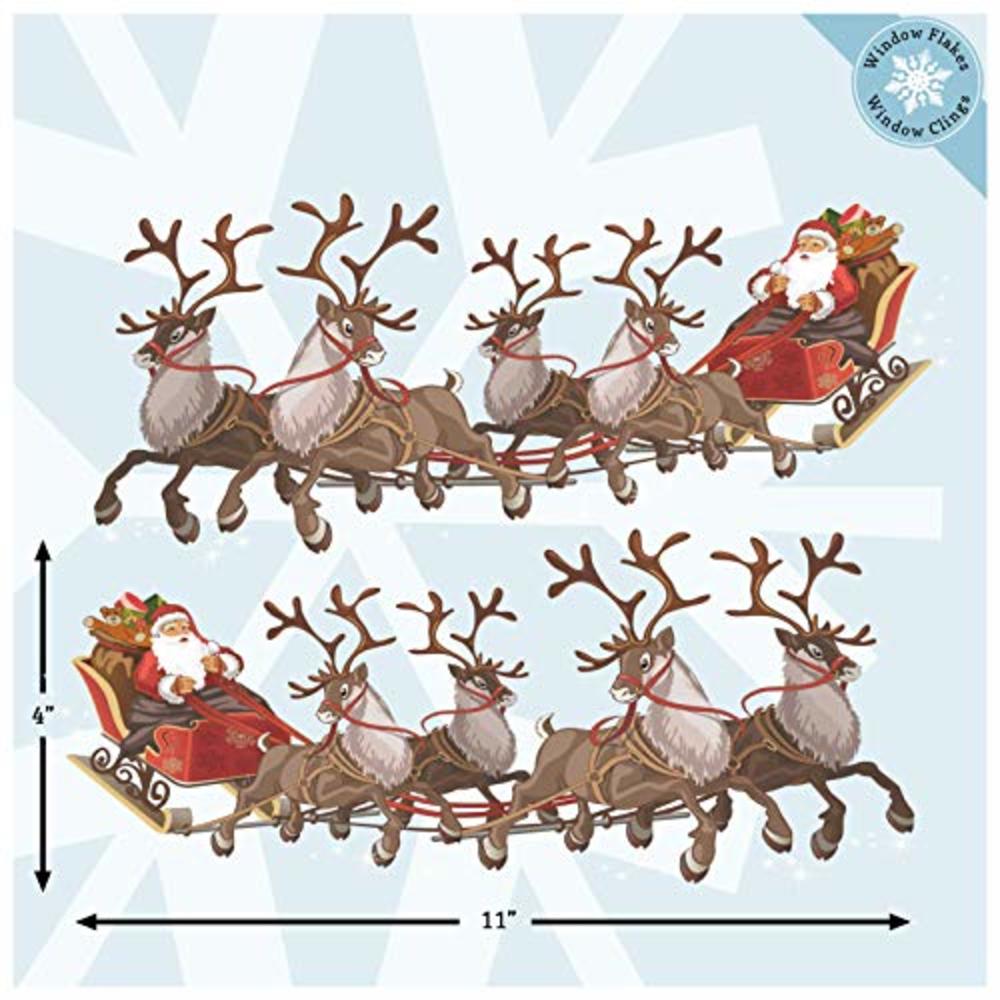 Window Flakes Christmas Window Clings – Two Santa Sleigh and Reindeers Christmas Window Decorations - Reusable Non-Adhesive Holiday Window and