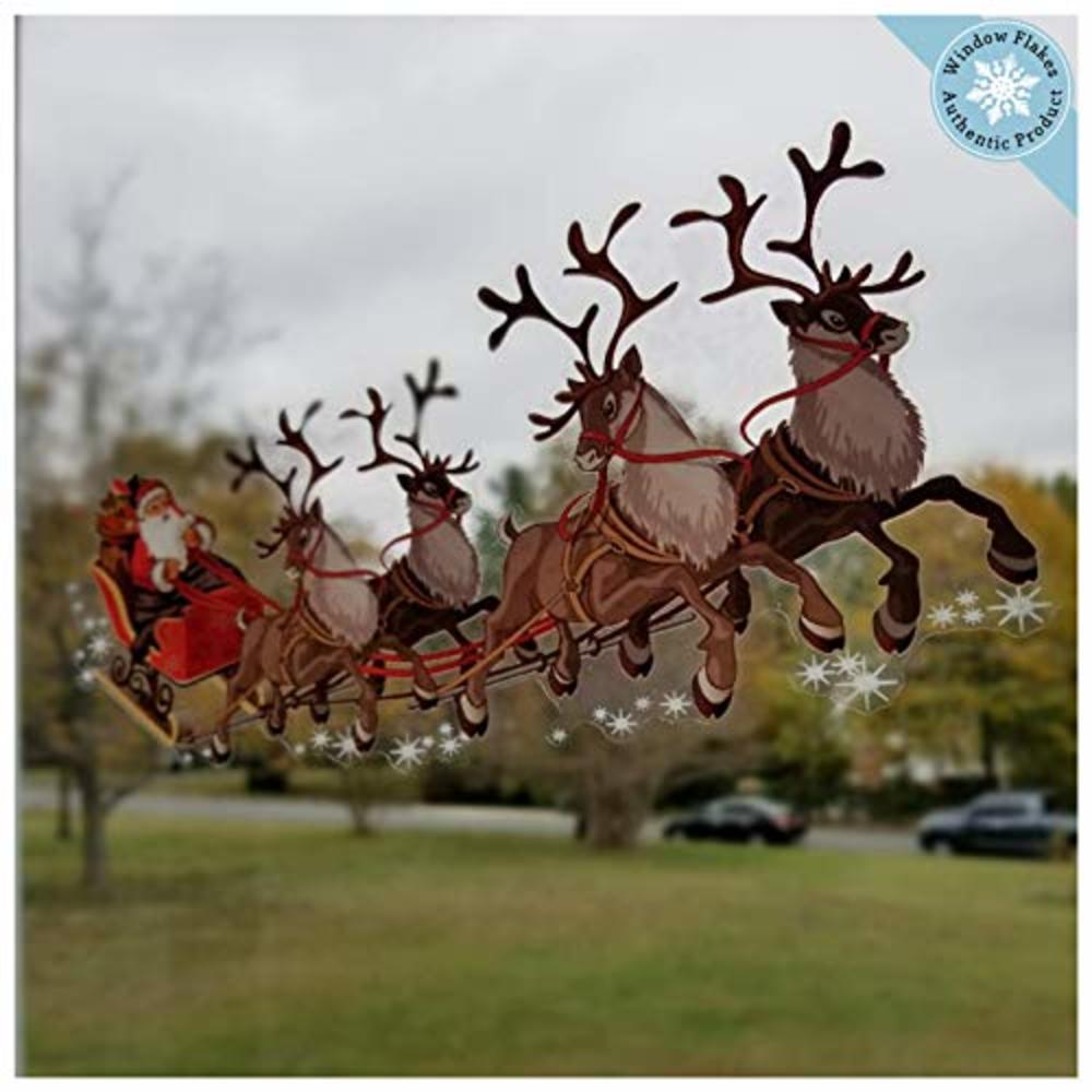 Window Flakes Christmas Window Clings – Two Santa Sleigh and Reindeers Christmas Window Decorations - Reusable Non-Adhesive Holiday Window and