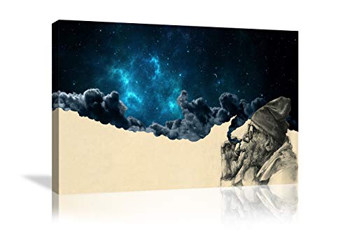 Urttiiyy Smoking Old Man with Beard Canvas Paintings Print Smoke Burns Out Blue Starry Sky Canvas Wall Art for Home Decor Framed