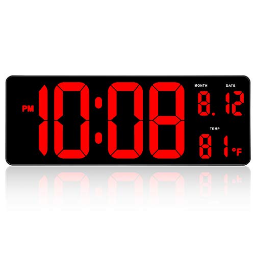 DreamSky 14.5" Large Digital Wall Clock with Jumbo Big LED Number Display, Auto DST, Date, Indoor Temperature, 12/24H, Plug in D