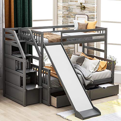Low Bunk Beds Twin Over Full Gre, Low Loft Beds With Stairs And Storage