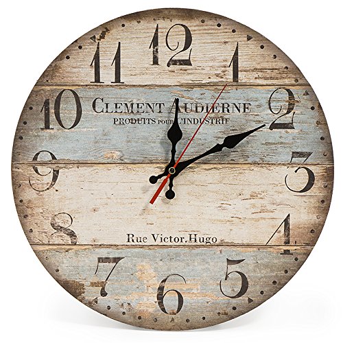 LOHAS Home 12 Inch Silent Vintage Wooden Round Wall Clock Arabic Numerals Vintage Rustic Chic Style Wooden Round Home Decor Wall