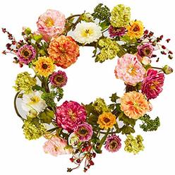 Nearly Natural 24in. Peony Wreath, 24 inches round, Mixed