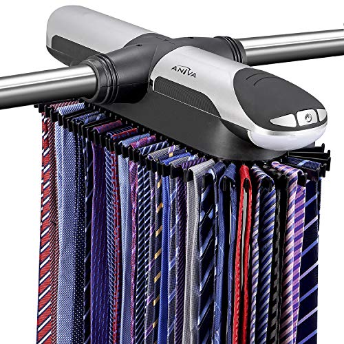 Aniva Motorized Tie Rack Best Closet Organizer with LED Lights, Includes J Hooks for Wired Shelving Stores Up to 72 Ties with 8