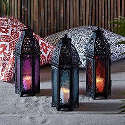 Lights4fun, Inc. Trio of Black Metal Moroccan Indoor Battery Operated LED Flameless Candle Lanterns with Colored Glass