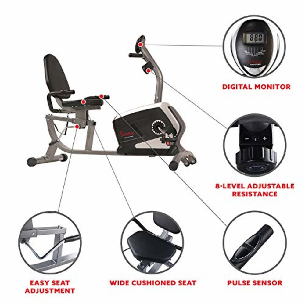 Sunny Health & Fitness Magnetic Recumbent Exercise Bike, Pulse Rate Monitoring, 300 lb Capacity, Digital Monitor and Quick Adjus