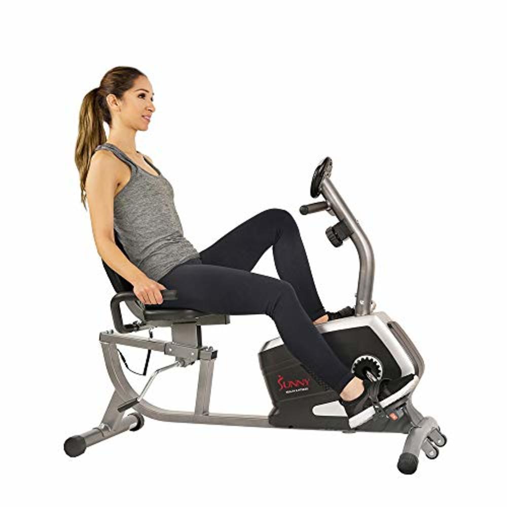 Sunny Health & Fitness Magnetic Recumbent Exercise Bike, Pulse Rate Monitoring, 300 lb Capacity, Digital Monitor and Quick Adjus