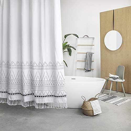 Yokii Tassel Fabric Shower, Black White Gray Fabric Shower Curtain