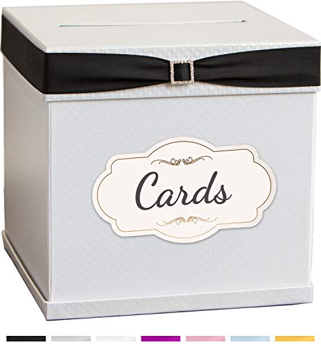 Merry Expressions Wedding Card Box - 7 Satin Ribbon Colors & Rhinestone Buckle - 10x10x10" Large Elegant White Finish - Perfect for Gifts, Birthda