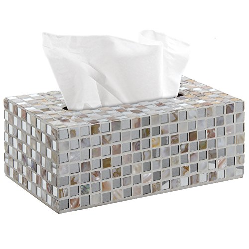 MyGift Handcrafted White Glass Mosaic Tiled Design Facial Tissue Refill Holder, Decorative Napkin Box Cover