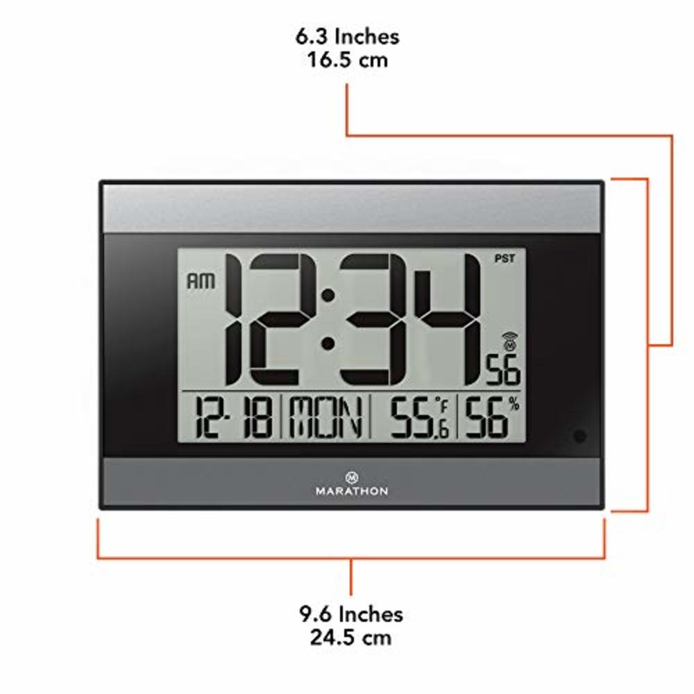 Marathon CL030052GG Atomic Digital Wall Clock with Auto-Night Light, Temperature & Humidity - Batteries Included