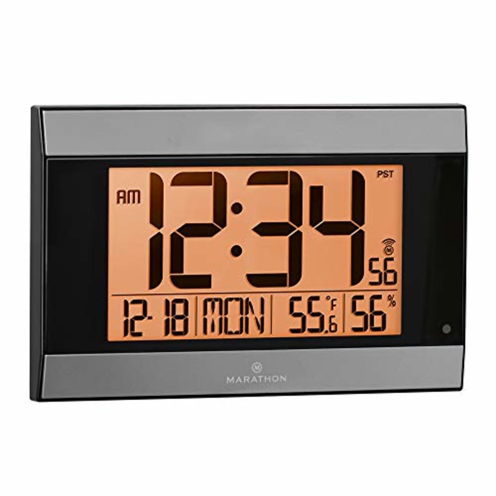 Marathon CL030052GG Atomic Digital Wall Clock with Auto-Night Light, Temperature & Humidity - Batteries Included