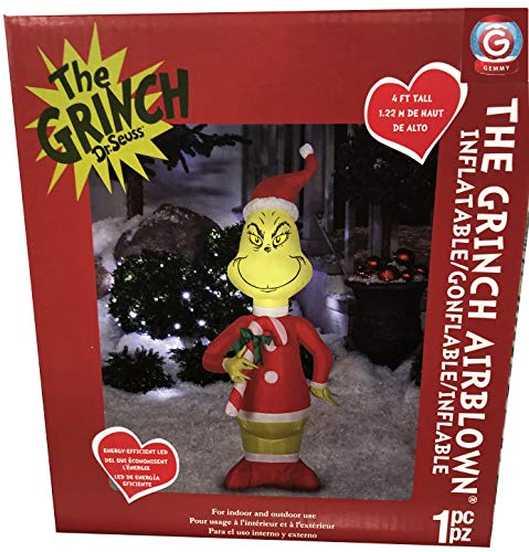 Gemmy 4 Christmas Airblown Inflatable Dr. Seuss Grinch with Candy Cane Indoor/Outdoor Holiday Decoration