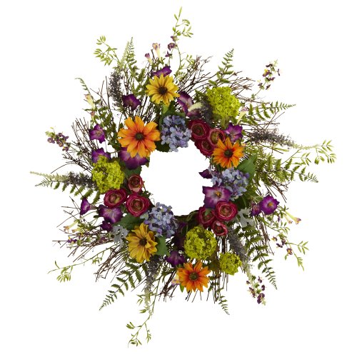Nearly Natural 4821 24-Inch Spring Garden Wreath with Twig Base, Multicolored/Green