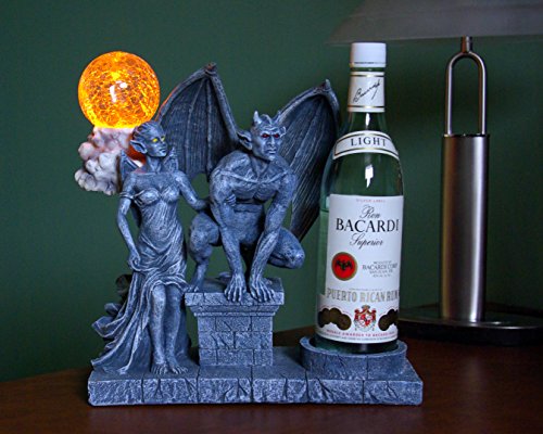 BricksNmortar.com Gargoyle Wine Bottle or Candle Holder with Girl-goyle has Crystal Moon Ball Glass Globe that Lights Up will Hold Your Wine