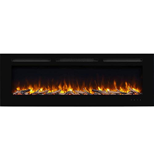 PuraFlame Alice 60 Inches Recessed Electric Fireplace, Flush Mounted for 2 X 6 Stud, Log Set & Crystal, 1500W Heater, Black