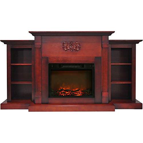 Hanover Classic 72 in. Electric Fireplace in Cherry with Built-in Bookshelves and 1500W Charred Log Insert