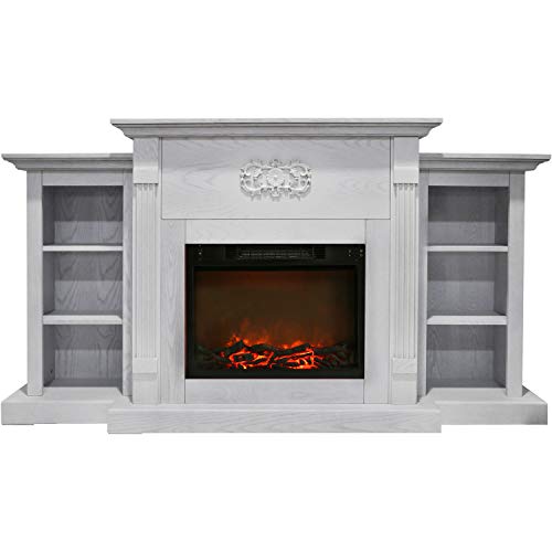 Hanover Classic 72 in. Electric Fireplace in White with Built-in Bookshelves and a 1500W Charred Log Insert