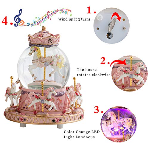 LOVE FOR YOU Gift Wrapped Carousel Horse Music Box Color Changing LED Lights Musical Snow Globes Unicorn for Women Kids Girls Mo