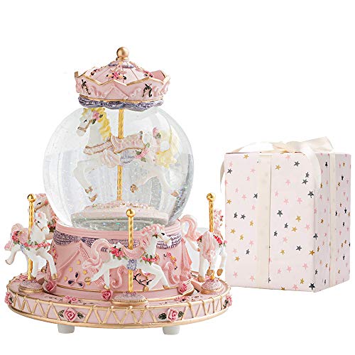 LOVE FOR YOU Gift Wrapped Carousel Horse Music Box Color Changing LED Lights Musical Snow Globes Unicorn for Women Kids Girls Mo