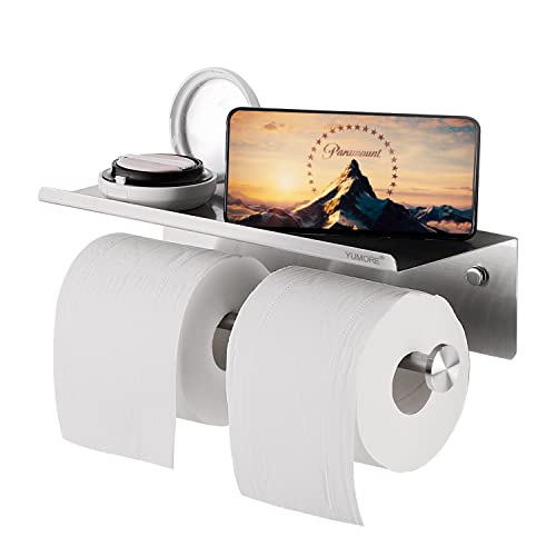 YUMORE Toilet Paper Holder with Shelf, Bathroom Double Roll Tissue Holder with Phone Shelf Wall Mounted Stainless Steel Washroom