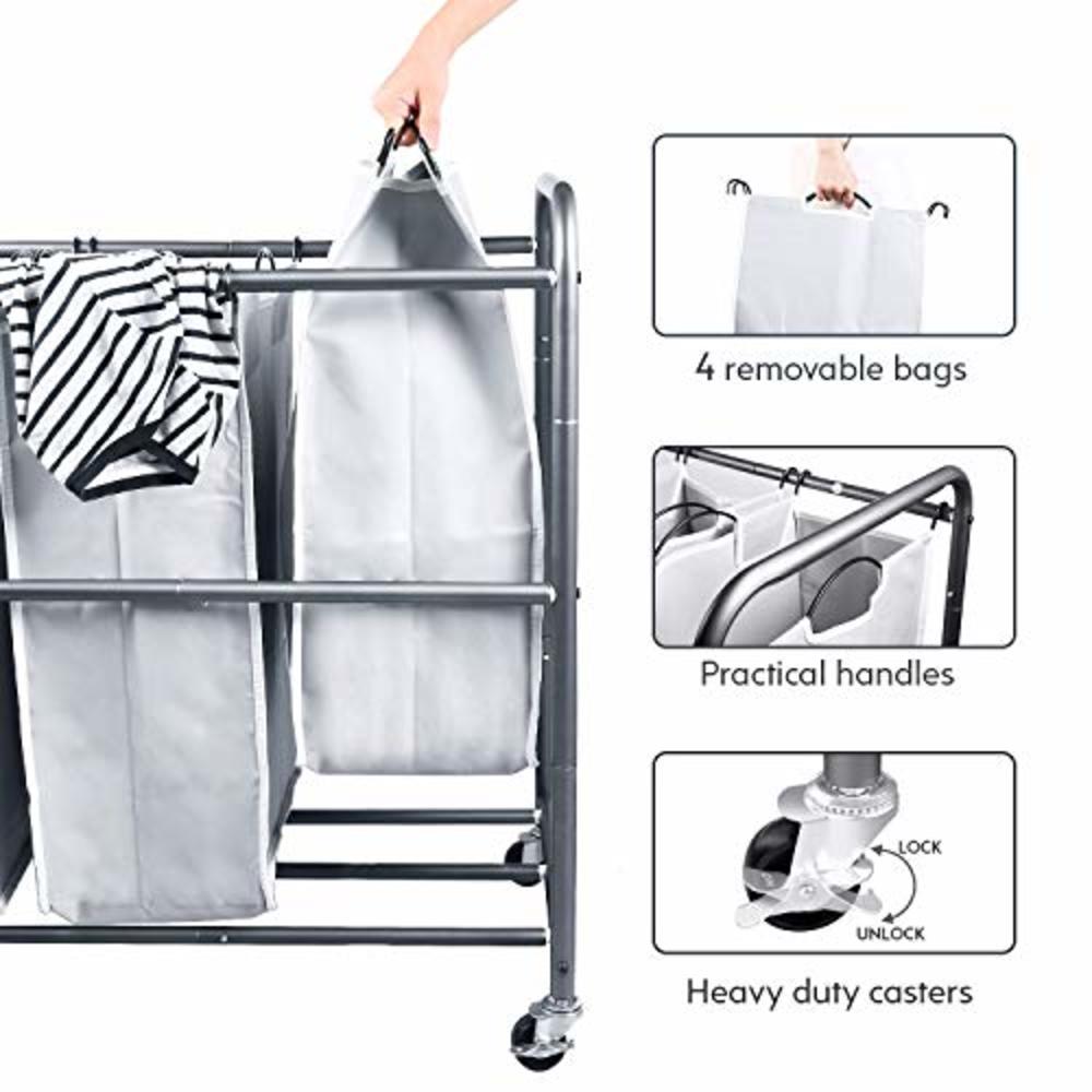ROMOON 4 Bag Laundry Sorter Cart, Laundry Hamper Sorter with Heavy Duty Rolling Wheels for Clothes Storage, Grey